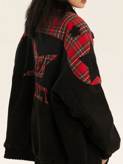 Vintage Plaid Star Splice Lapel Neck Jacket