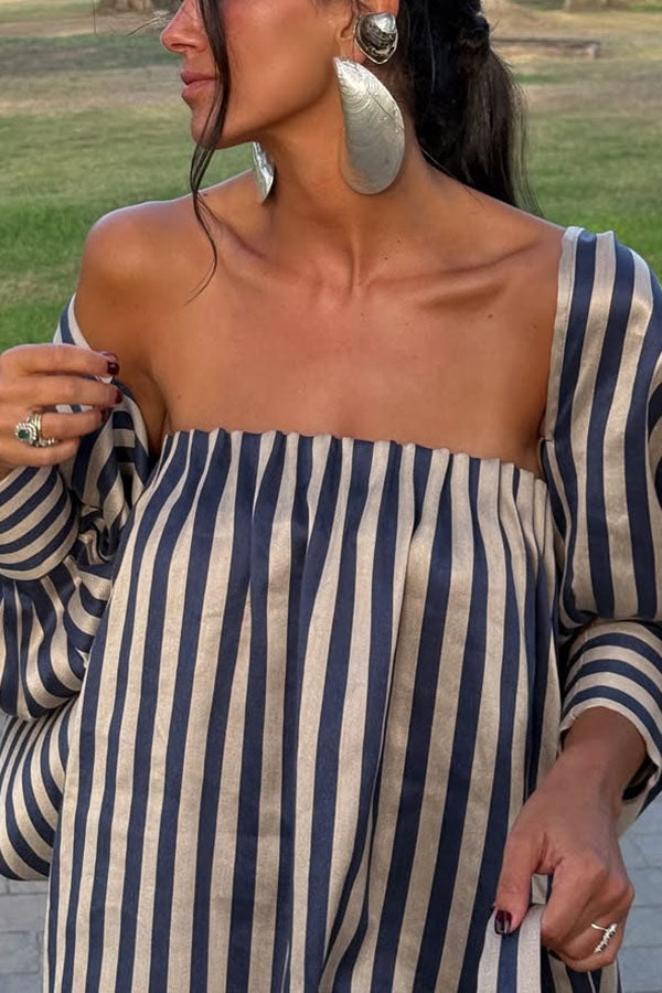 Berry Satin-Striped Detachable Balloon Sleeve Jacket Strapless Maxi Dress