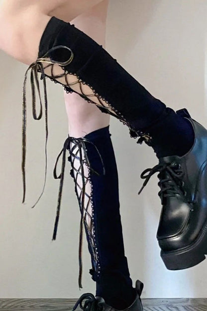 Black Lace-Up Slim Mid-Calf Socks