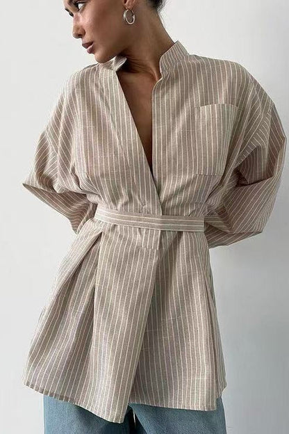 Striped V Neck Irregular Tie Waist Long Sleeve Blouse