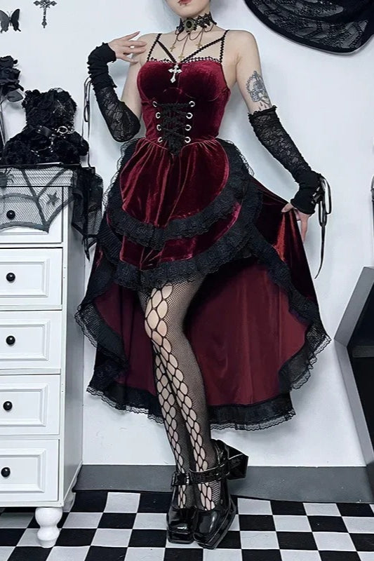 Dark Gothic Lace Strap Swallow Tail Corset Midi Dress