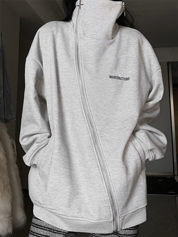 Irregular Design Star Badge Decor Zip Up Sweatshirt