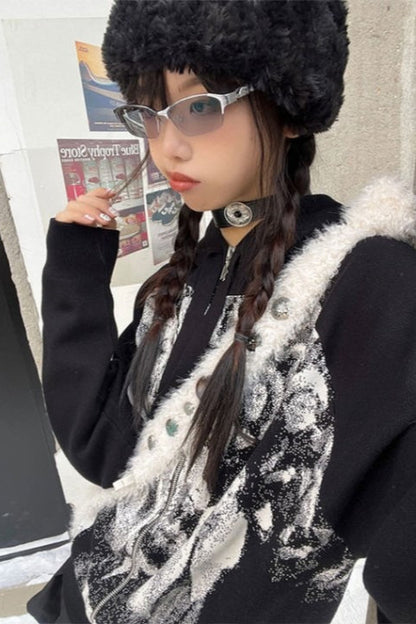 Panther Print Retro Hooded Knit Top