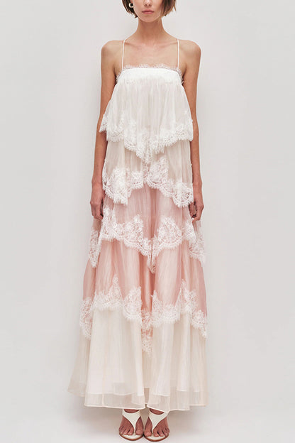 Caroline Gradient Layered Lace Trim Tiers Adjustable Straps Backless A-line Maxi Dress