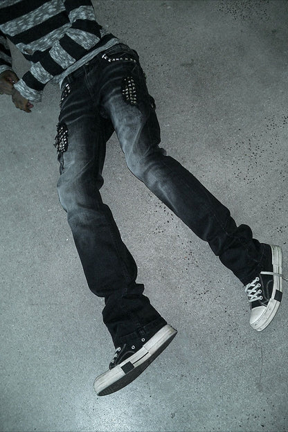 Rhinestone Washed High Street Unisex Denim Pants