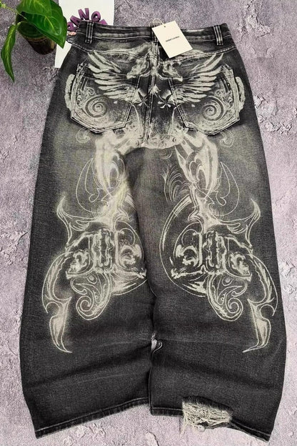 Vintage Printed Ripped Washed Baggy Streetwear Jeans