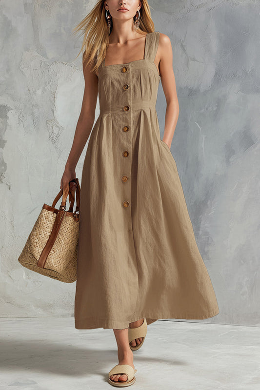 Linen Blend Solid Color Square Neck Sleeveless Button Casual Maxi Dress