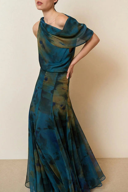 Ione Chiffon Ombré Print Cowl Neck Top and High Rise Maxi Skirt Set with Scarf
