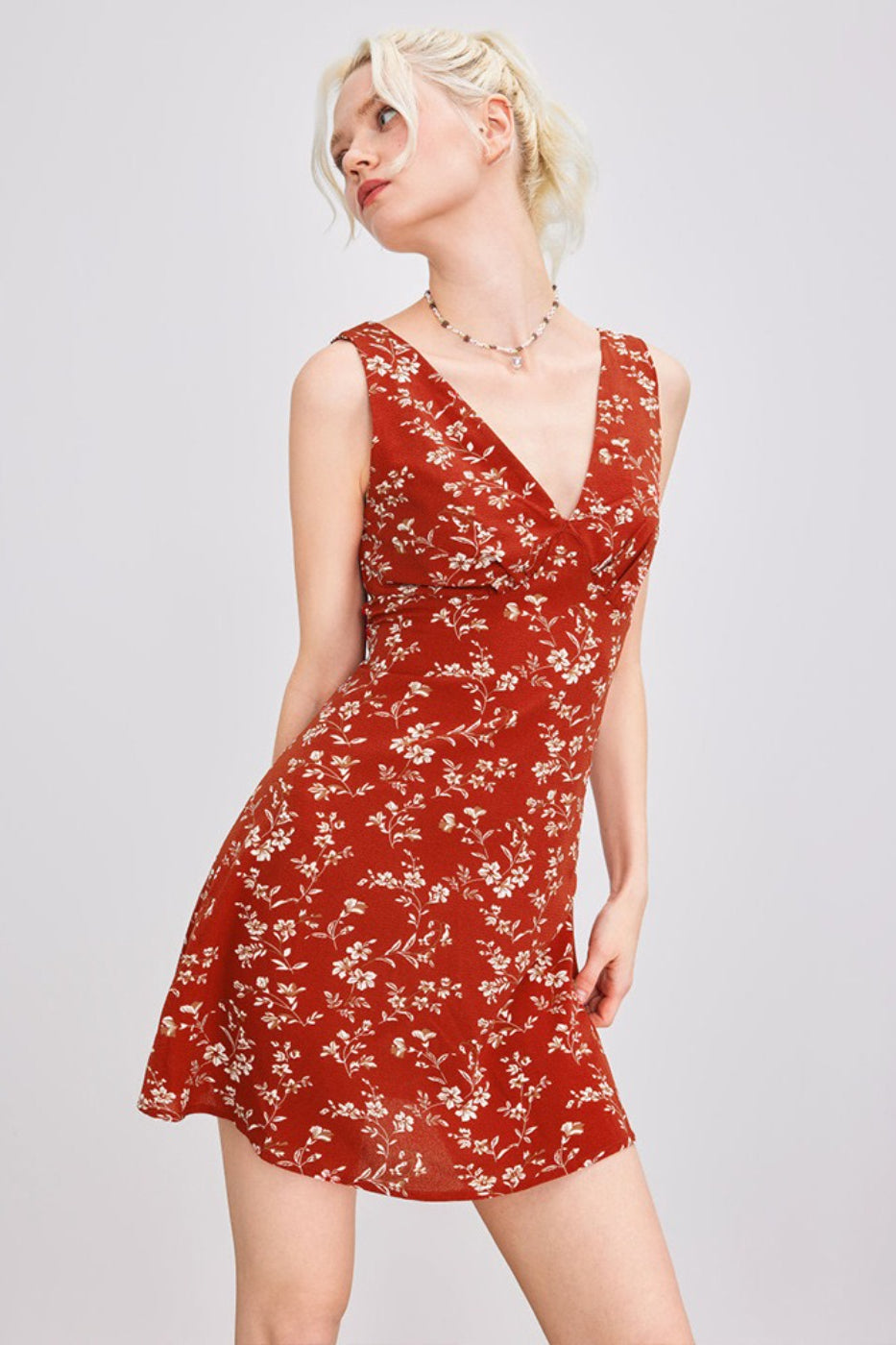 Elegant Floral Print Deep V Mini Dress