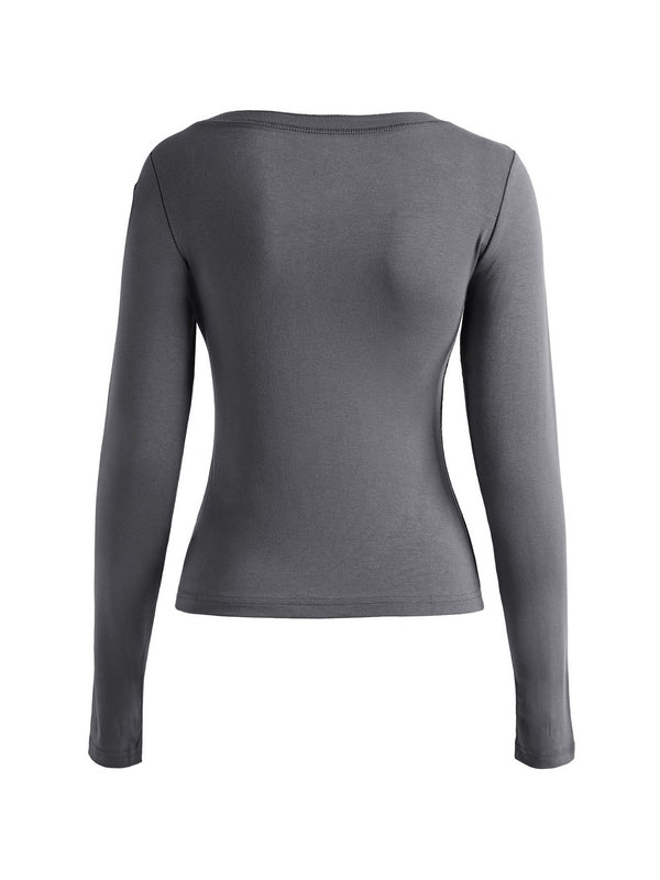 Number Letter Print Breasted Slim Long Sleeve Tee