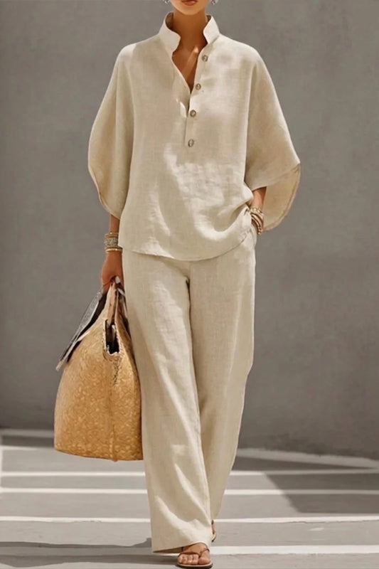 Linen Blend Solid Color Button-down Loose Top and Elastic Waist Pocket Casual Pants Set