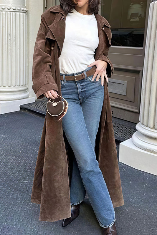 Double Breasted Tie Waist Long Elegant  Overcoat