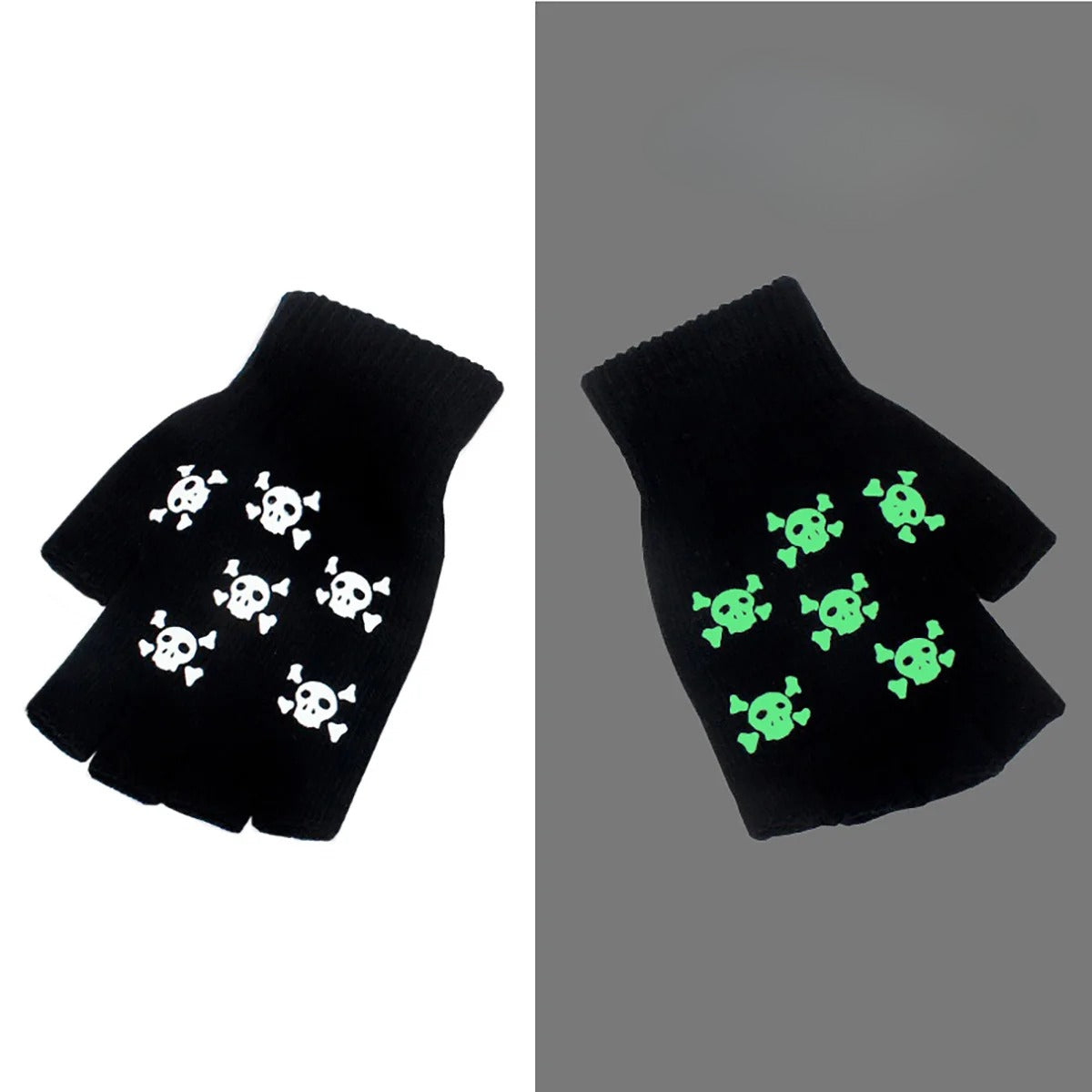 Winter Warm Black Skull Fingerless Gloves