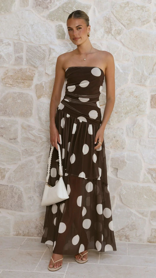 Polka Dot Strapless Ruched Maxi Dress