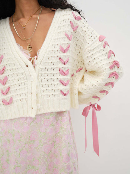 Cutout V Neck Lace Up Loose Short Knit Cardigan
