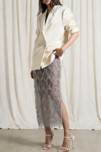 Fashionable Mesh See-through Sequined Tassel Midi Skirt