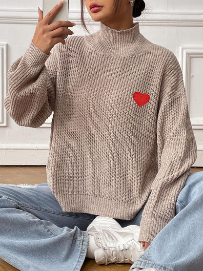 Elegante jersey de cuello alto de punto para mujer con corazón bordado | Ideal para otoño/invierno