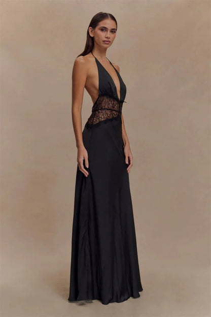 Lace Patchwork Backless Halter Boho Dress