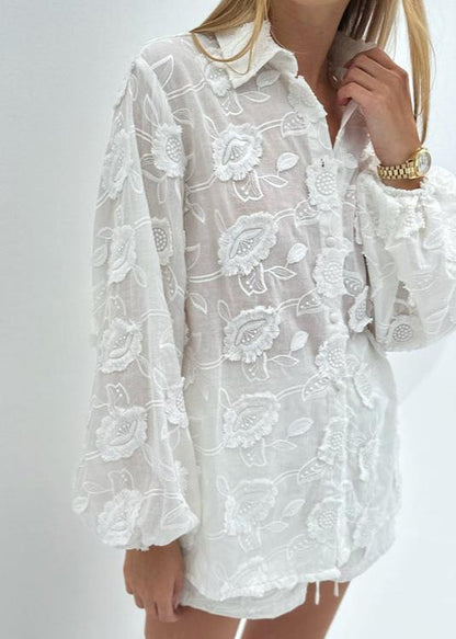 Floral Breeze - Sheer EmbroideRed Shirt & High-Waist Shorts Set