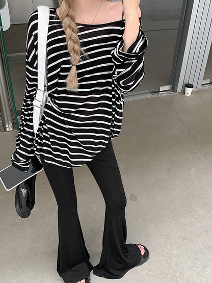 Stripe Backless Lace Up Smock Oversized Long Sleeve Tee