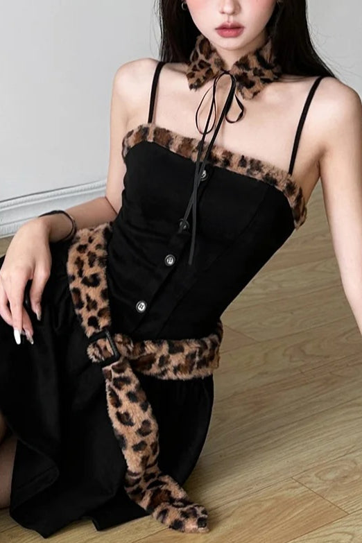 Leopard Print Patchwork Pleated Belted Mini Dress