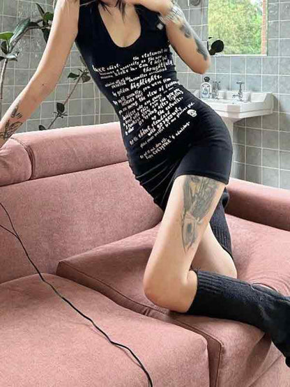 Letter Print U Neck Wrap Hip Mini Dress