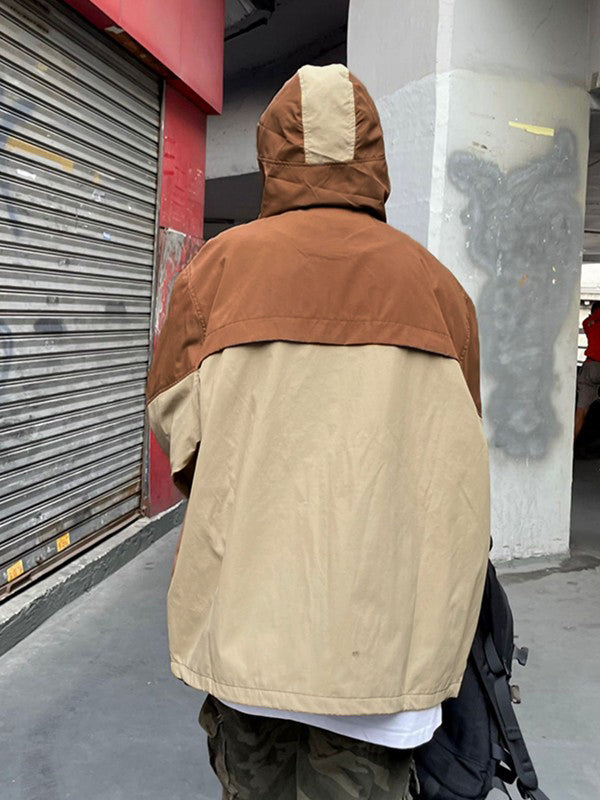 Oversize Embroidery Color Block Zip Up Hooded Jacket