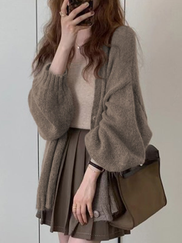 Mohair Solid Lantern Sleeve Baggy Cardigan
