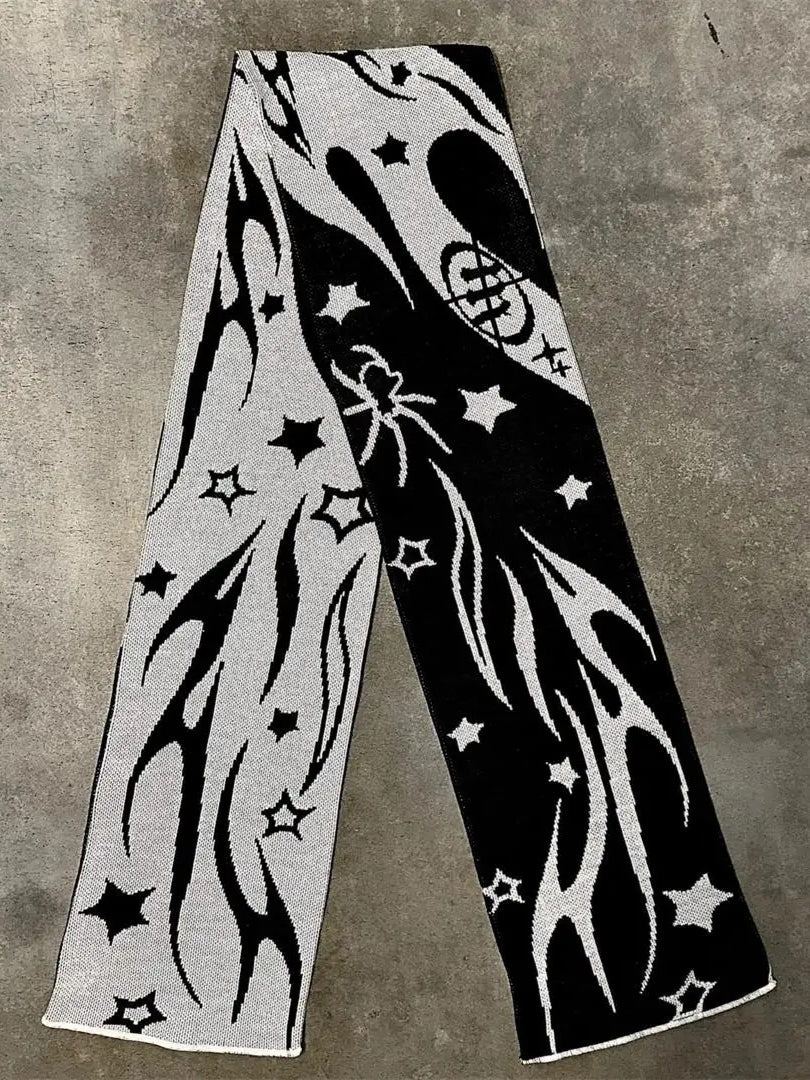 Black Tassel Star Striped Warm Knit Scarf