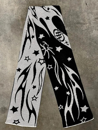 Black Tassel Star Striped Warm Knit Scarf