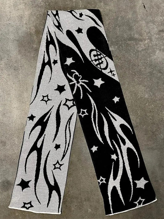 Black Tassel Star Striped Warm Knit Scarf