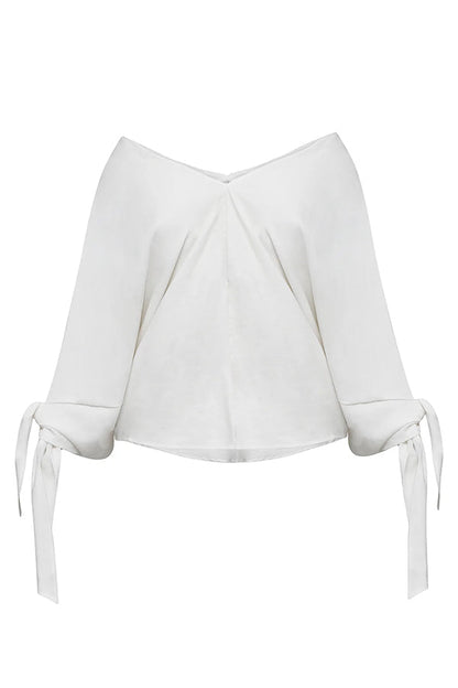 Joyful Bond Linen Blend V-neck Knotted Cuff Half Sleeve Loose Top
