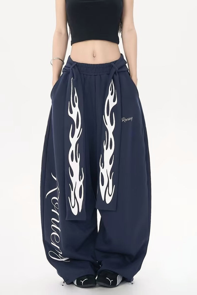 Vintage Flame Print Detachable Tie Curved Sweat Pants