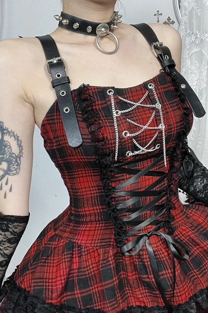 Red Plaid Lace Patchwork PU Strap High Waist Mini Dress