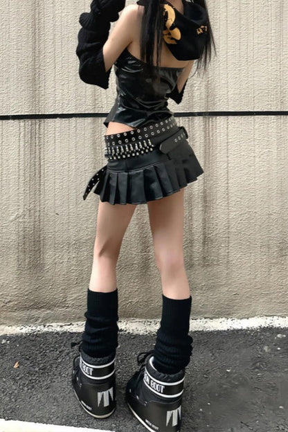 Sexy A-Line Biker Pleated Leather Mini Skirt