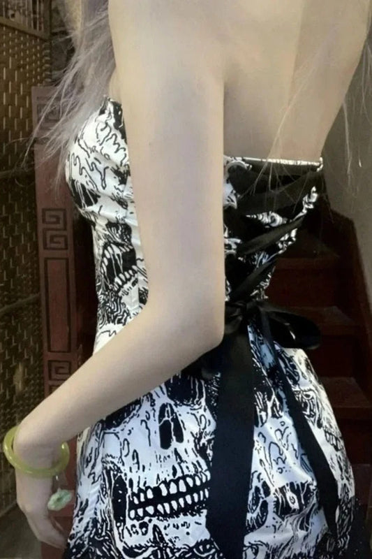 Punk Skull Print Patchwork Mini Dress