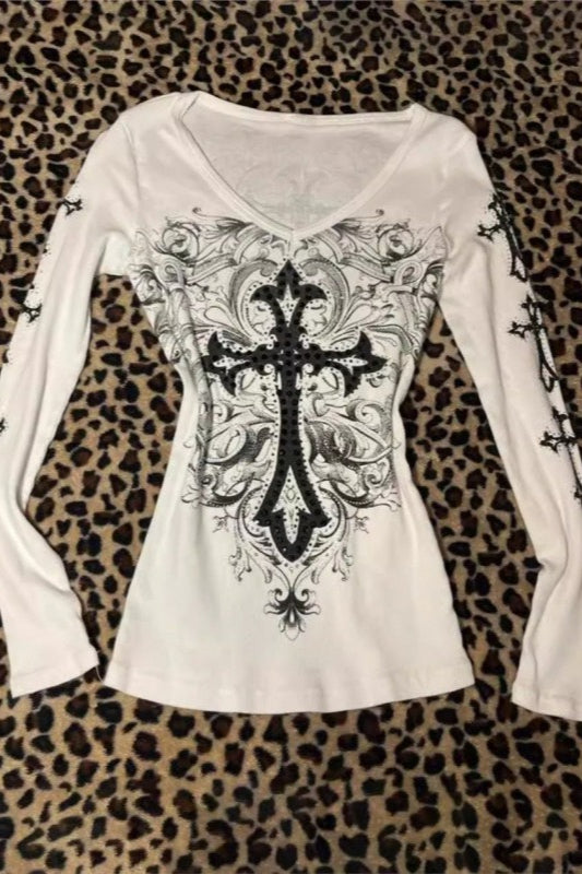 Y2K Cross Print Spicy Knit Top
