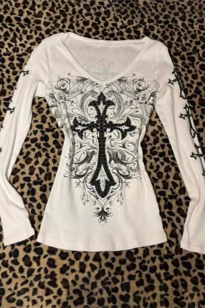 Y2K Cross Print Spicy Knit Top