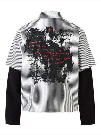 Fake Two-Piece Dark Stripe Long Sleeve Blouse
