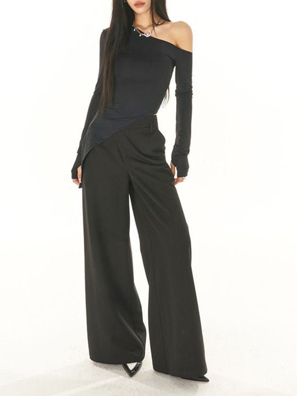 Slanted Shoulder Ruched Irregular Hem Long Sleeve Tee
