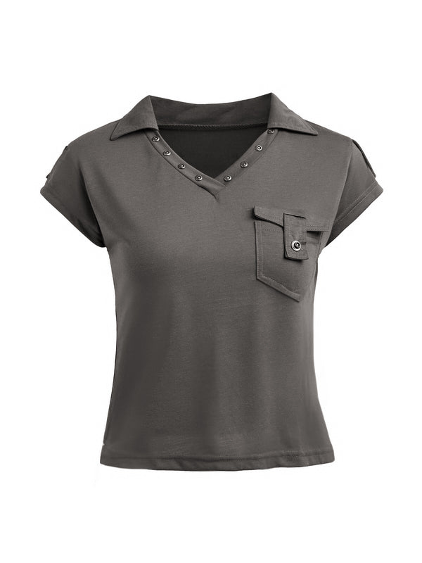 Solid V Neck Pocket Cropped Short Sleeve Tee
