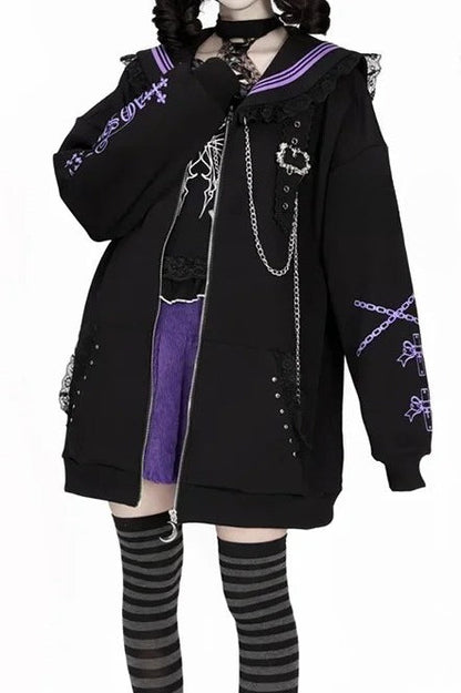 Printed Sailor Collar Oversized Jacket