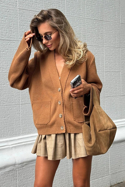 Vintage V Neck Loose Knit Cardigan Sweater