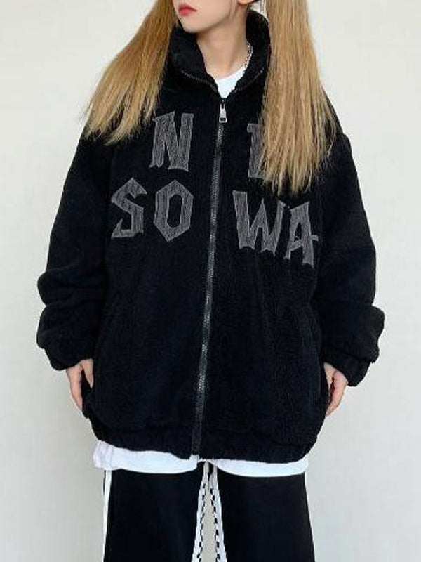 Letter Embroidered Lambswool Oversized Jacket