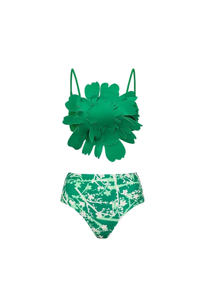 Conjunto de bikini con estampado floral verde