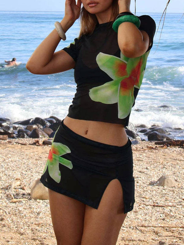 Mesh Flower Print Short Sleeve Tee & Slit Mini Skirt Set
