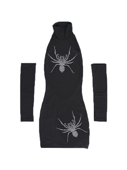 Spider Rhinestone Print High Neck Mini Dress