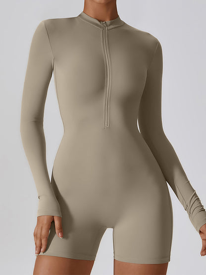 Sporty Solid Zip Up Long Sleeve Romper