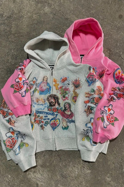 Retro Pattern Printed Loose Hoodie