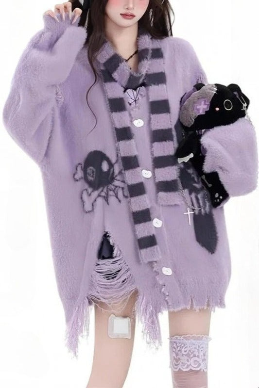 Faux Mink Y2K Loose-Fit Cardigan Sweater